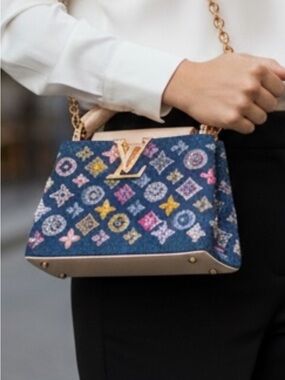 Brand New Capucines Mini Handbag in Denim With Multicolor Embellishments